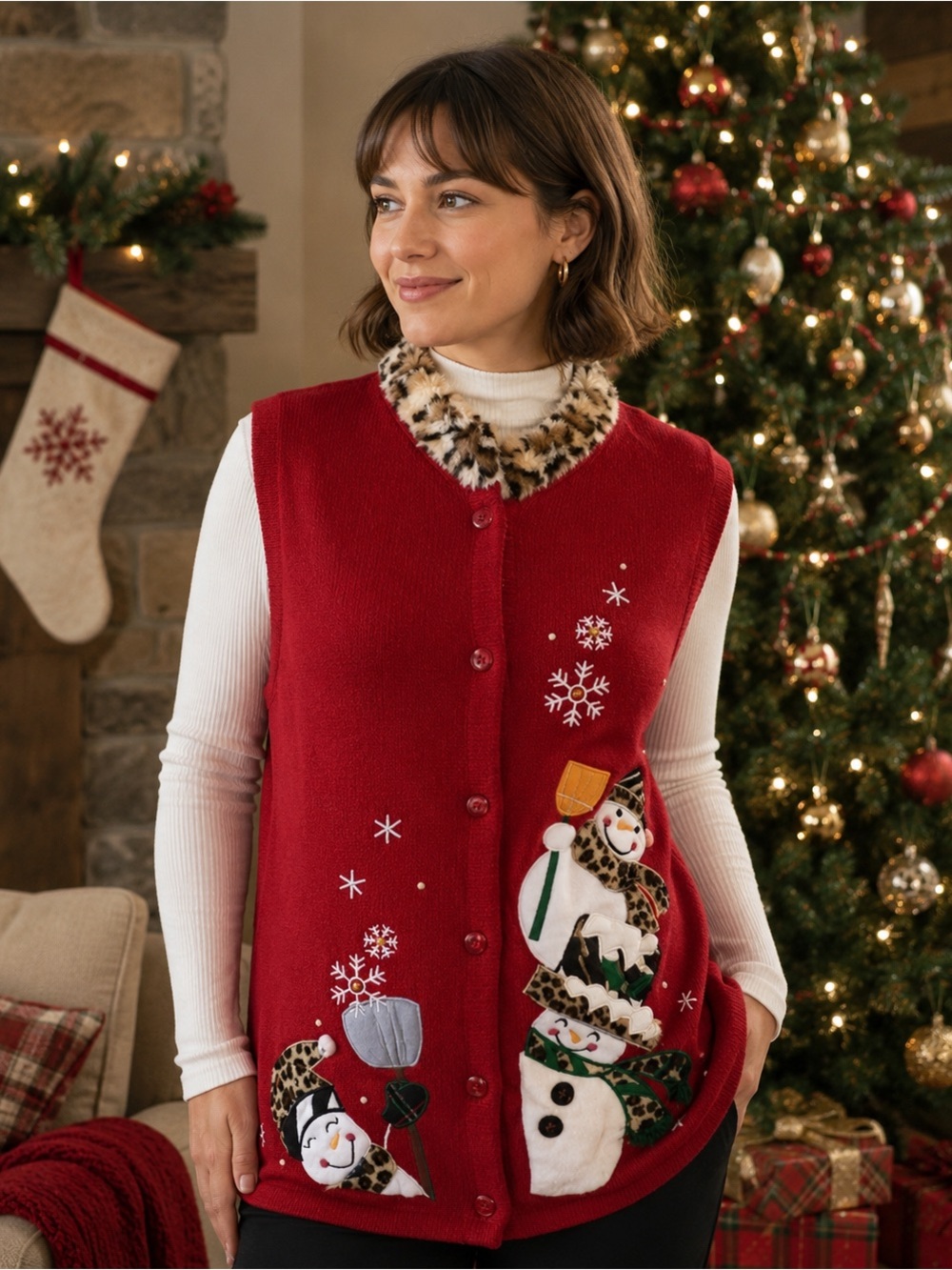 Crystal Kobe Red Snowmen Ugly Christmas Sweater Vest Faux Fur Collar Sz M